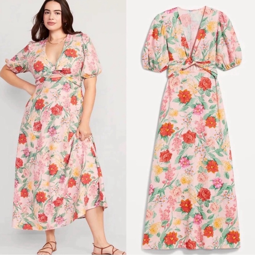 Old Navy linen blend twist front pink floral maxi dress XL